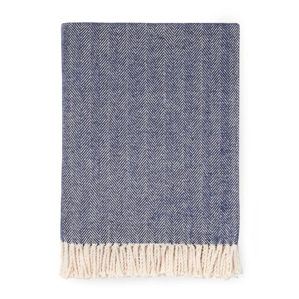 SFERRA Celine Herringbone Throw in Navy and Cream 100% Cotton Brand New